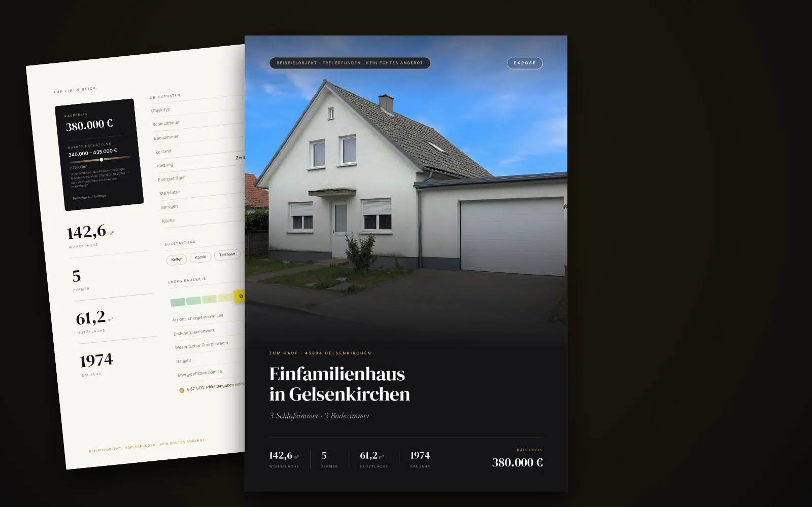 Exposé des Beispielobjekts in Gelsenkirchen: Titelseite mit Foto, Titel und Kaufpreis, dahinter zwei weitere Seiten